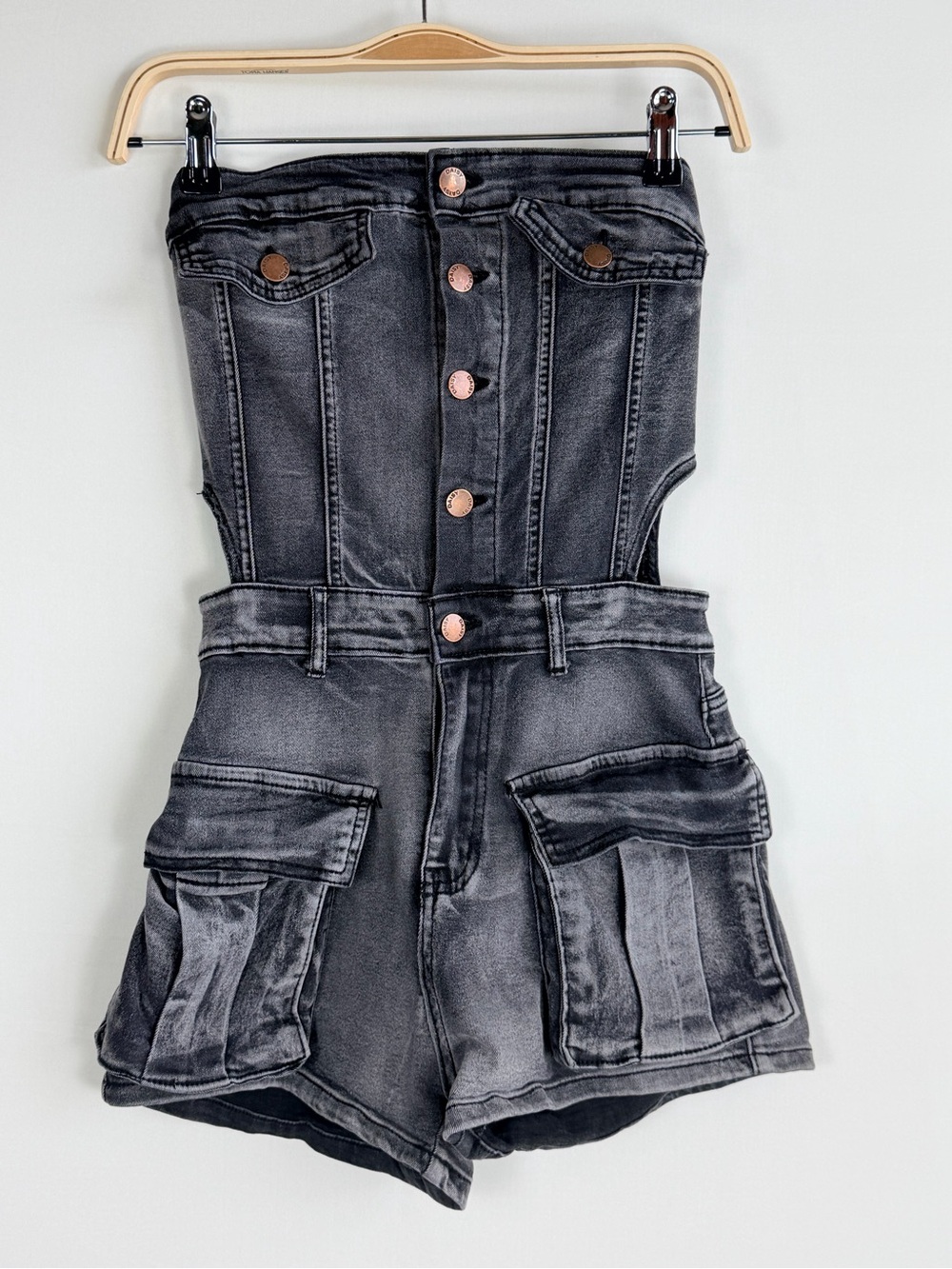Daisy Black Wash Denim Utility Cargo Romper Small